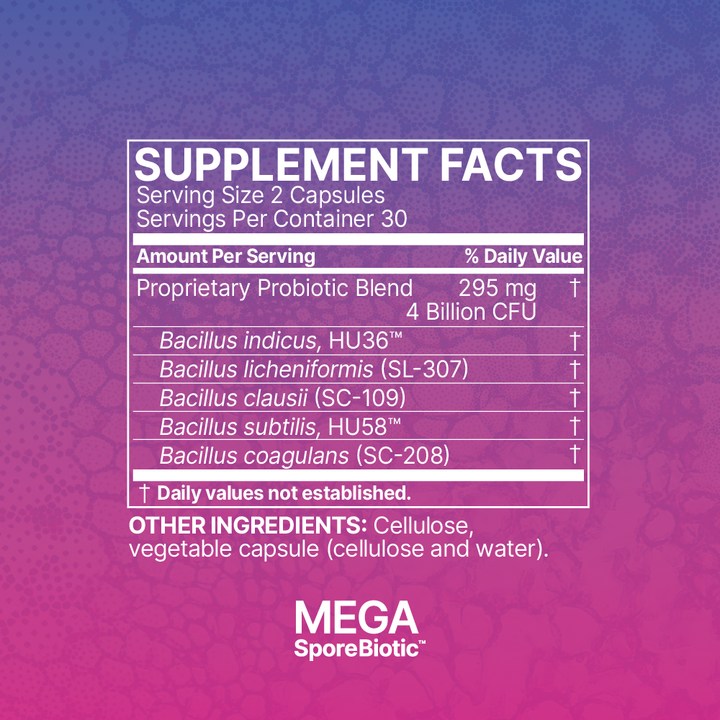 Supplement facts for Microbiome Labs MegaSporeBiotic Probiotic 60 Count, including probiotic blend and ingredients.