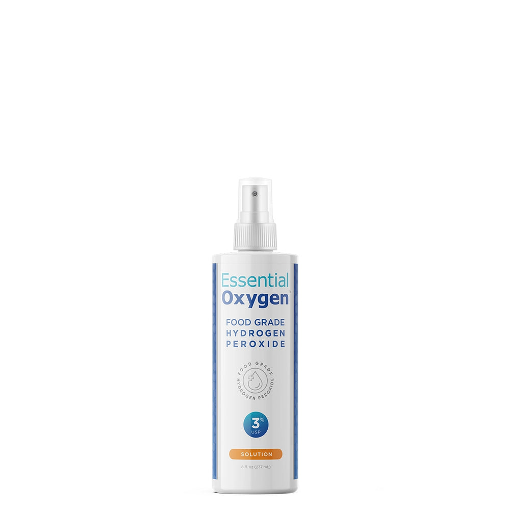 Essential Oxygen Food Grade Hydrogen Peroxide Spray 8oz bottle for cleaning and purifying surfaces.