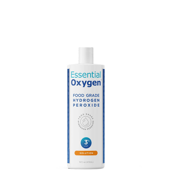 Essential Oxygen Food Grade Hydrogen Peroxide 16 oz bottle for oral hygiene and natural cleaning.