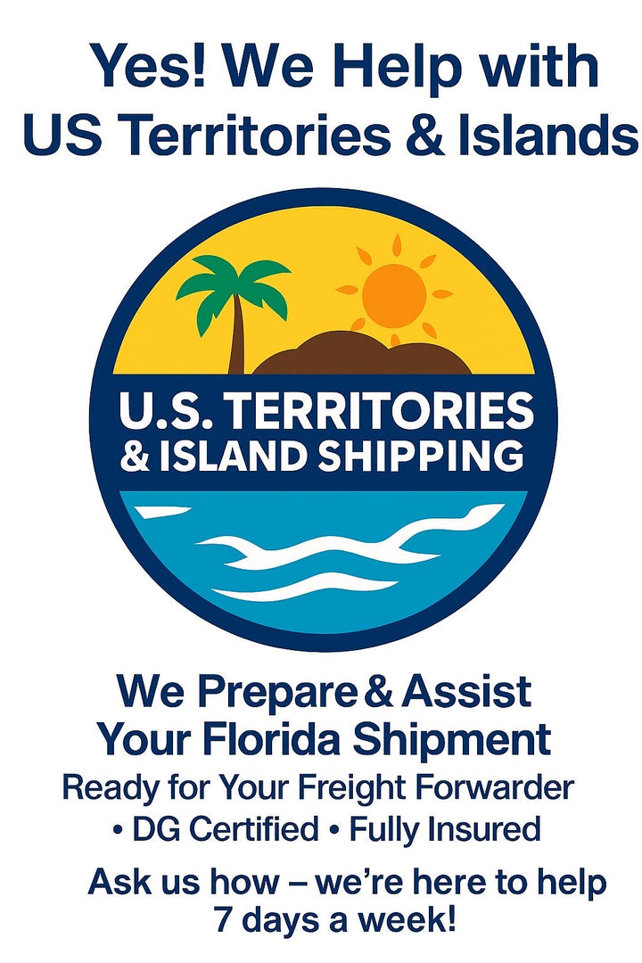 U.S. Territories &amp; Island Shipping logo promoting assistance for Florida shipments and shipping services.
