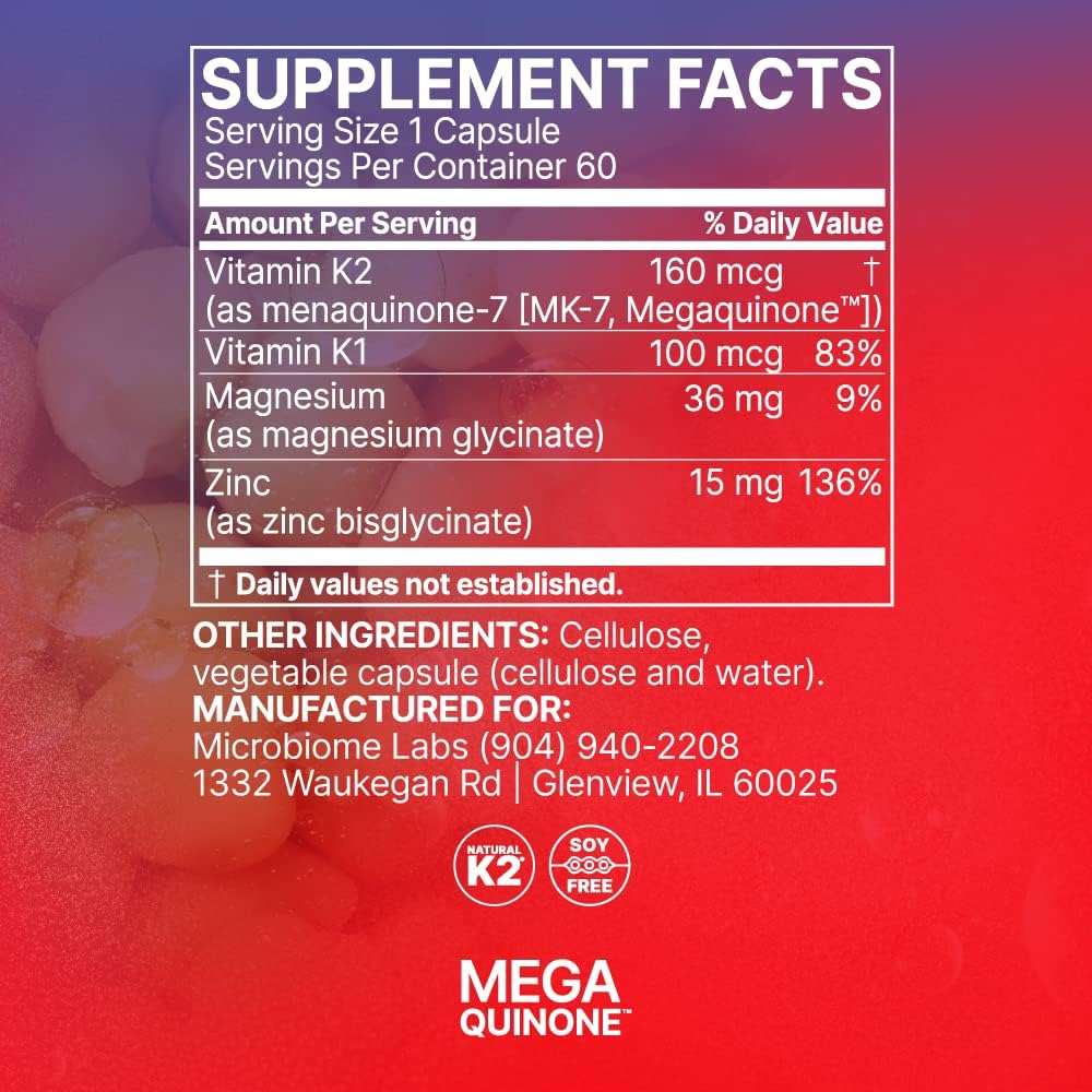 Supplement facts for Microbiome Labs MegaQuinone K2-7 Probiotic with vitamin K2, K1, magnesium, and zinc information.