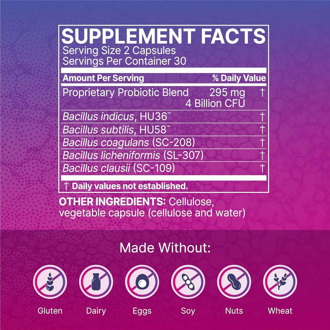 Supplement facts for Microbiome Labs MegaSporeBiotic Probiotic showing probiotic blend and made without common allergens.