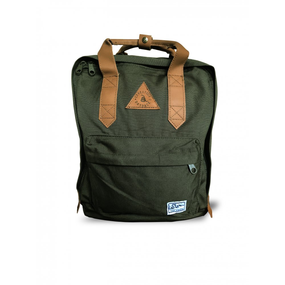 Faraday Cavestock Daypack No. 66 Olive RFID Blocking Backpack with leather straps and front pocket.