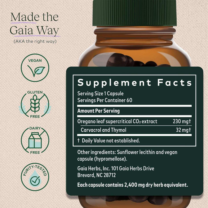 Gaia Herbs Oil of Oregano 60 Liq Phyto-Caps Supplement Facts including serving size and ingredients.
