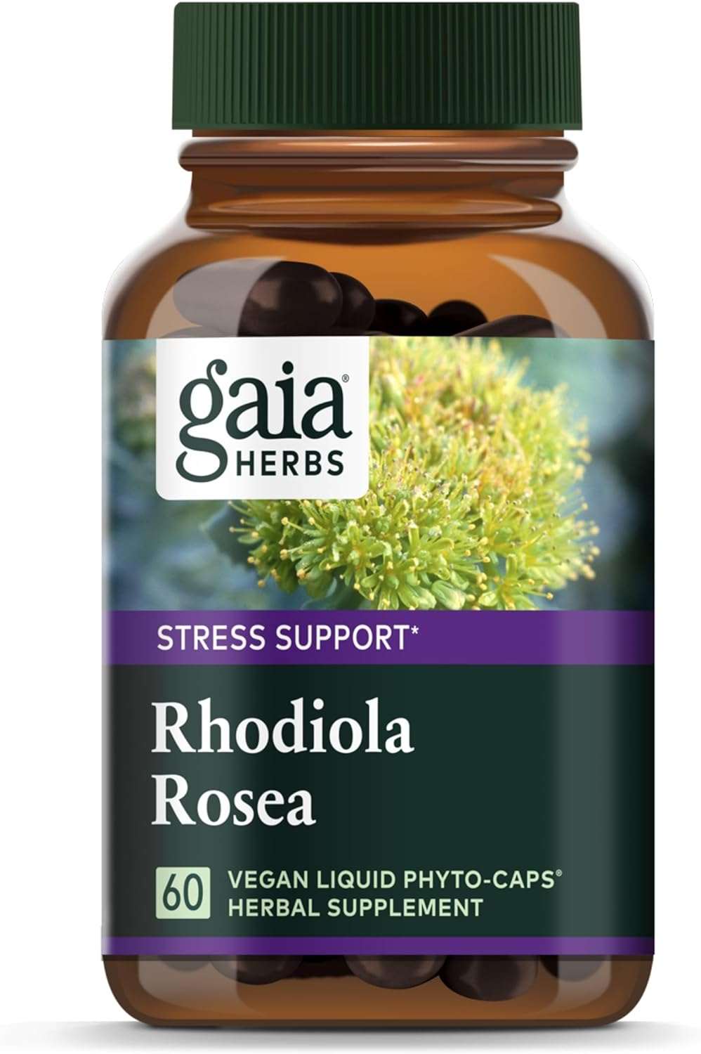 Gaia Herbs Rhodiola Rosea 60 Vegan Liquid Phyto Caps Stress Support herbal supplement bottle