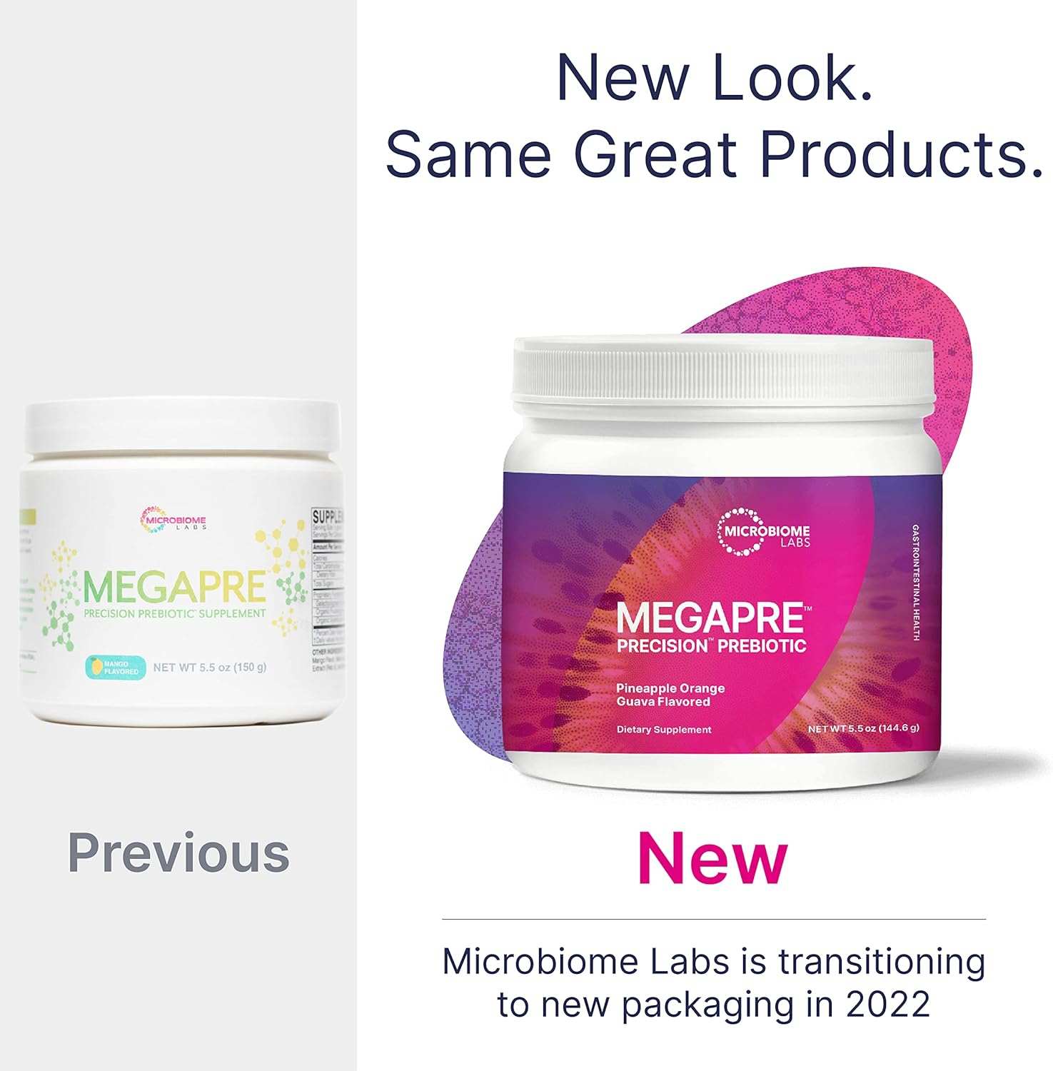 Microbiome Labs MegaPre Prebiotic with new packaging, highlighting the transition in 2022.