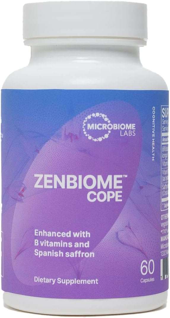 Microbiome Labs ZenBiome Cope dietary supplement bottle with 60 capsules, enhanced with B vitamins and Spanish saffron.