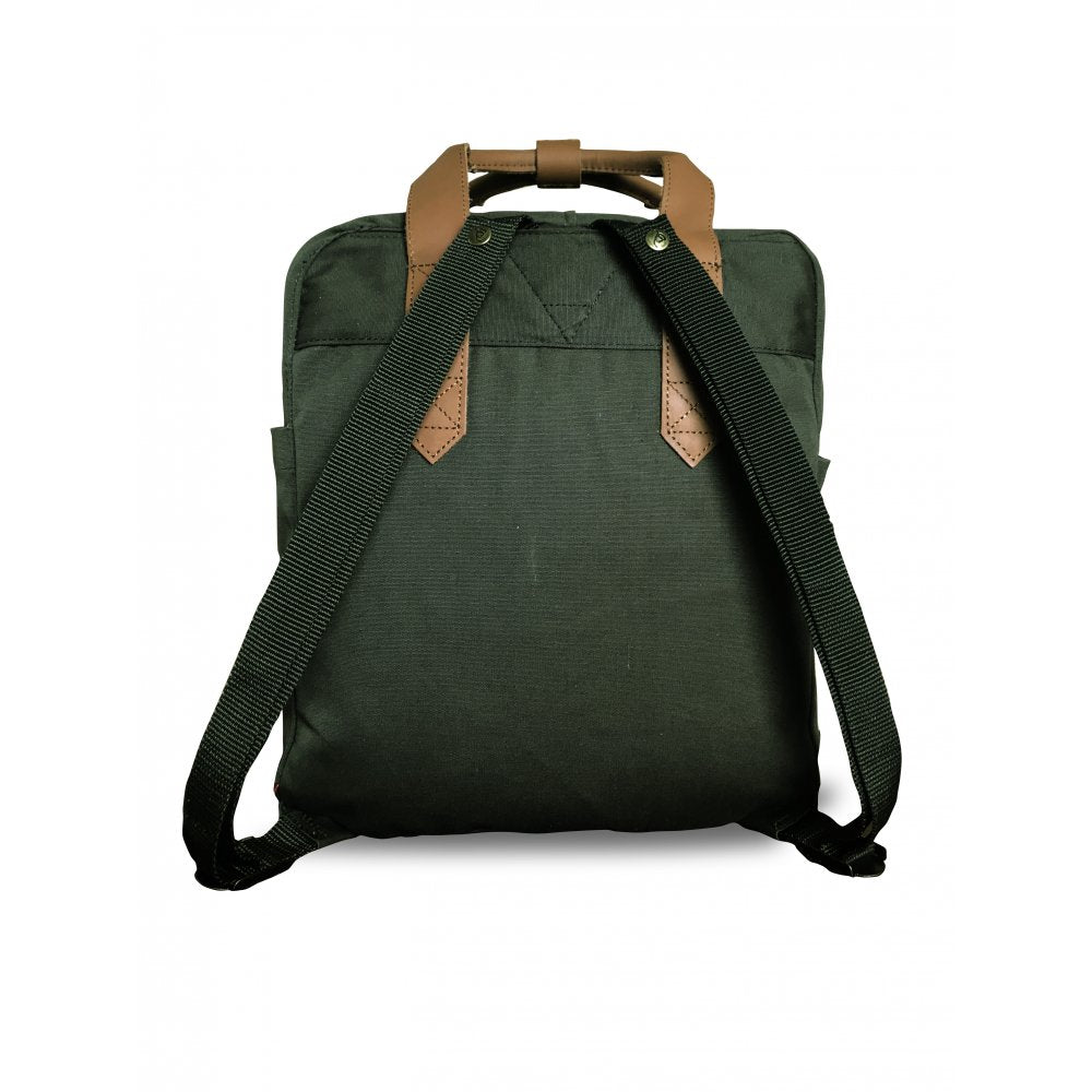 Faraday Cavestock Daypack No. 66 olive RFID blocking backpack back view with straps and handle.