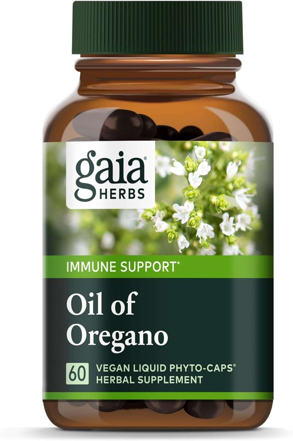 Gaia Herbs Oil of Oregano 60 Liq Phyto-Caps bottle for immune support and antioxidant benefits.