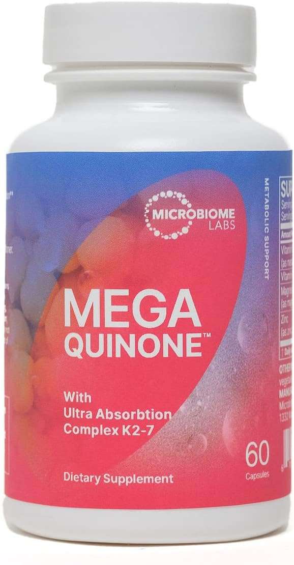 Microbiome Labs MegaQuinone K2-7 Probiotic 60 Caps dietary supplement bottle on white background.
