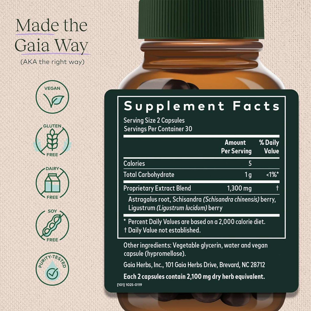 Gaia Herbs 3-in-1 Immune Support supplement facts, including ingredients and serving size details
