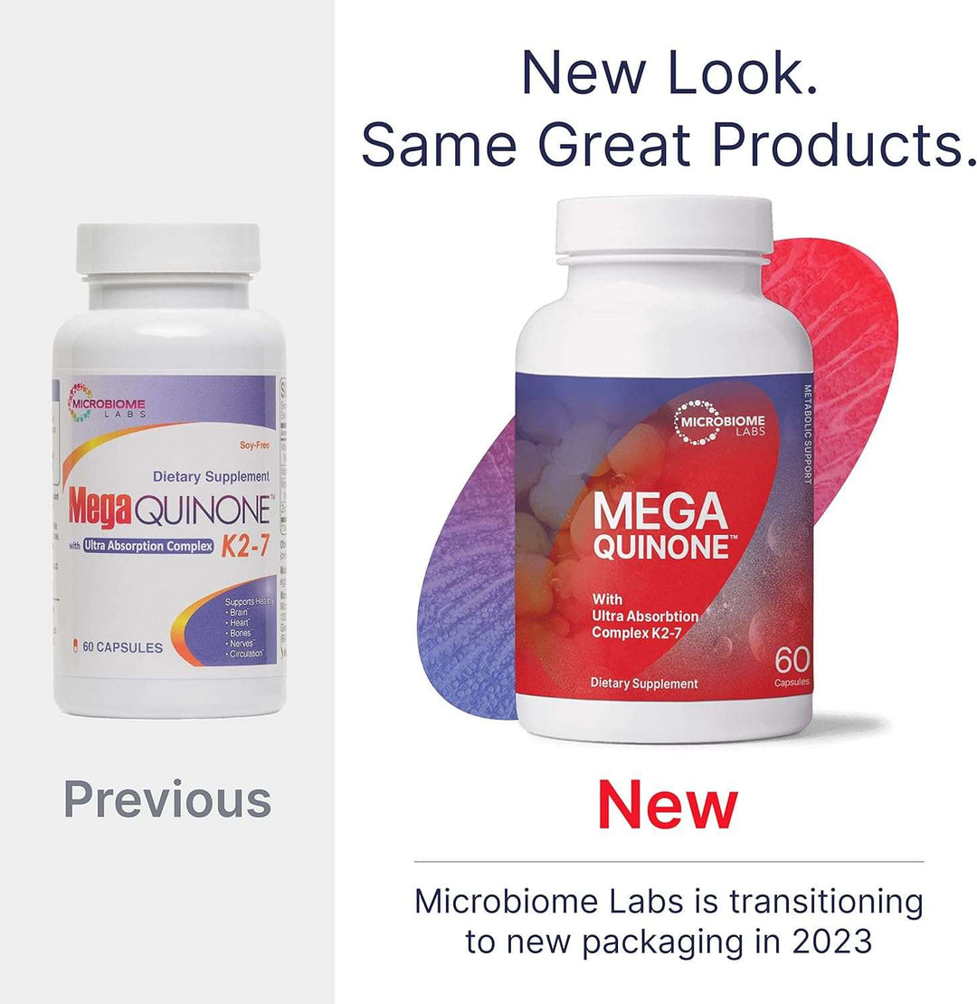 Microbiome Labs MegaQuinone K2-7 Probiotic showcasing new packaging design in 2023 with previous packaging comparison.