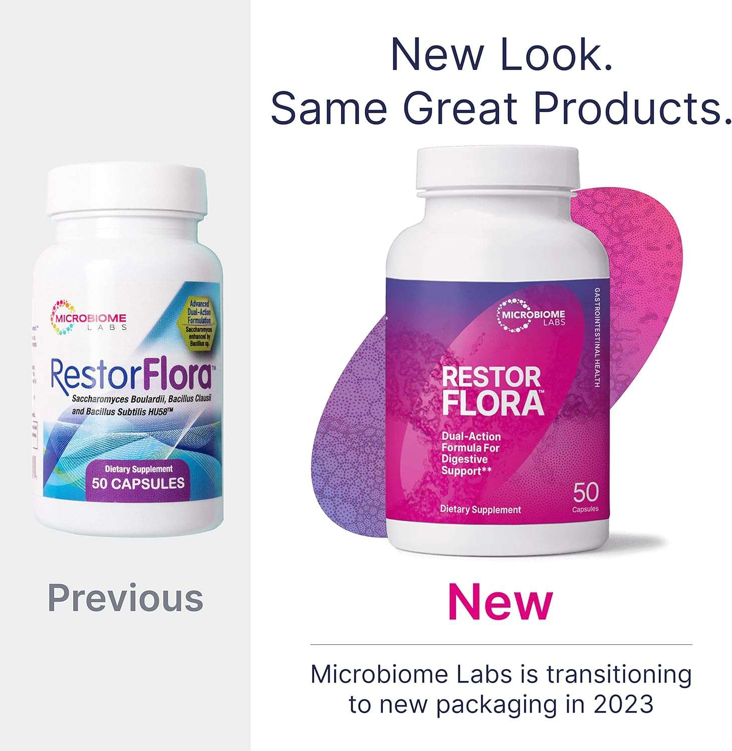 Microbiome Labs RestorFlora Probiotic bottles showing new packaging design for digestive support.