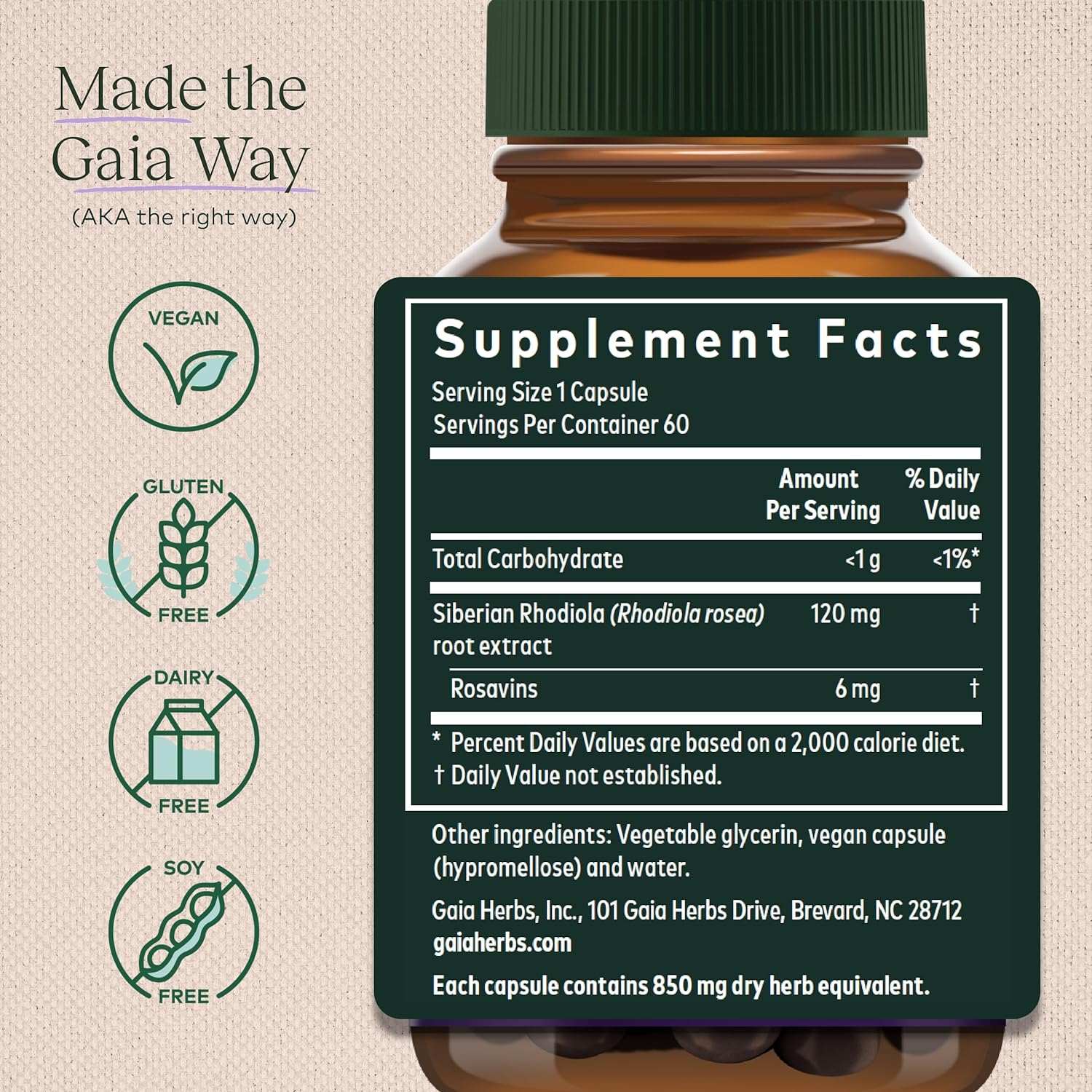 Supplement facts for Gaia Herbs Rhodiola Rosea showing vegan, gluten-free, dairy-free, and soy-free information.