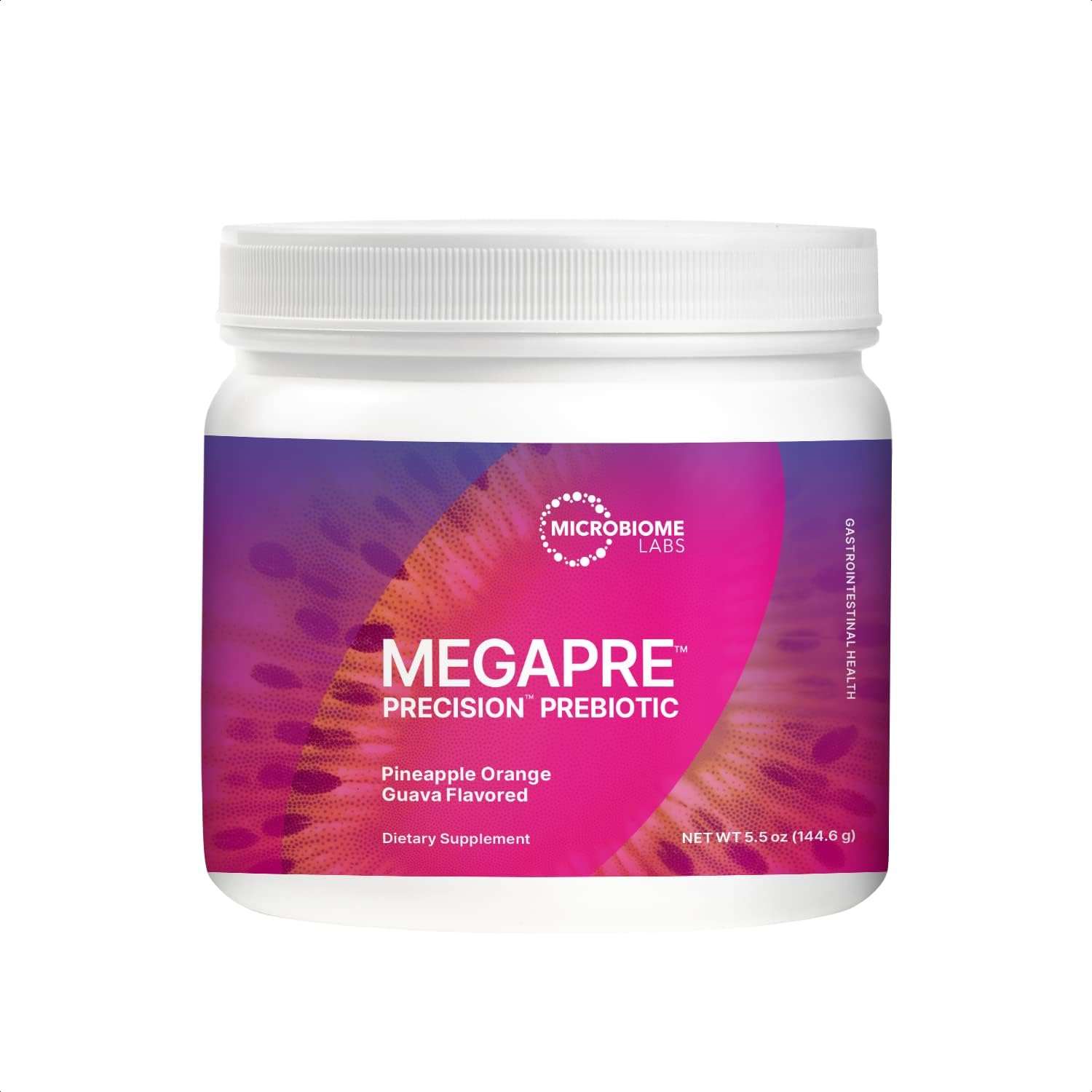 Microbiome Labs MegaPre Prebiotic Powder 5.5 oz Pineapple Orange Guava Flavored for gut health support.