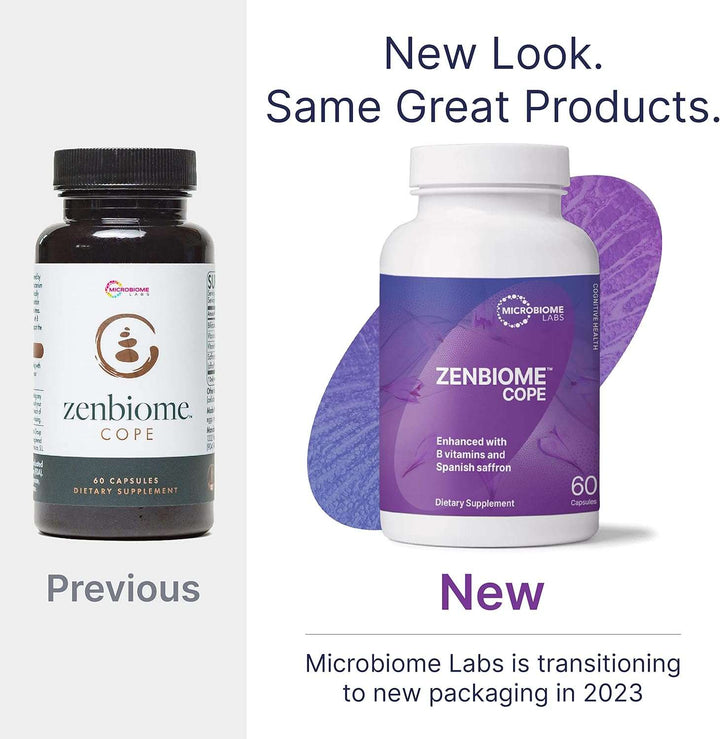 Microbiome Labs ZenBiome Cope 60 Capsules new packaging update, showcasing product transition in 2023.