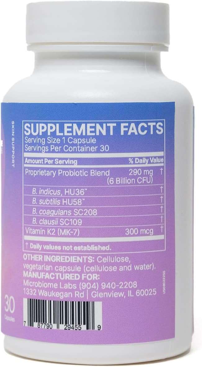 Microbiome Labs SereneSkin Probiotic supplement facts showing probiotic strains and ingredients for clear healthy skin.