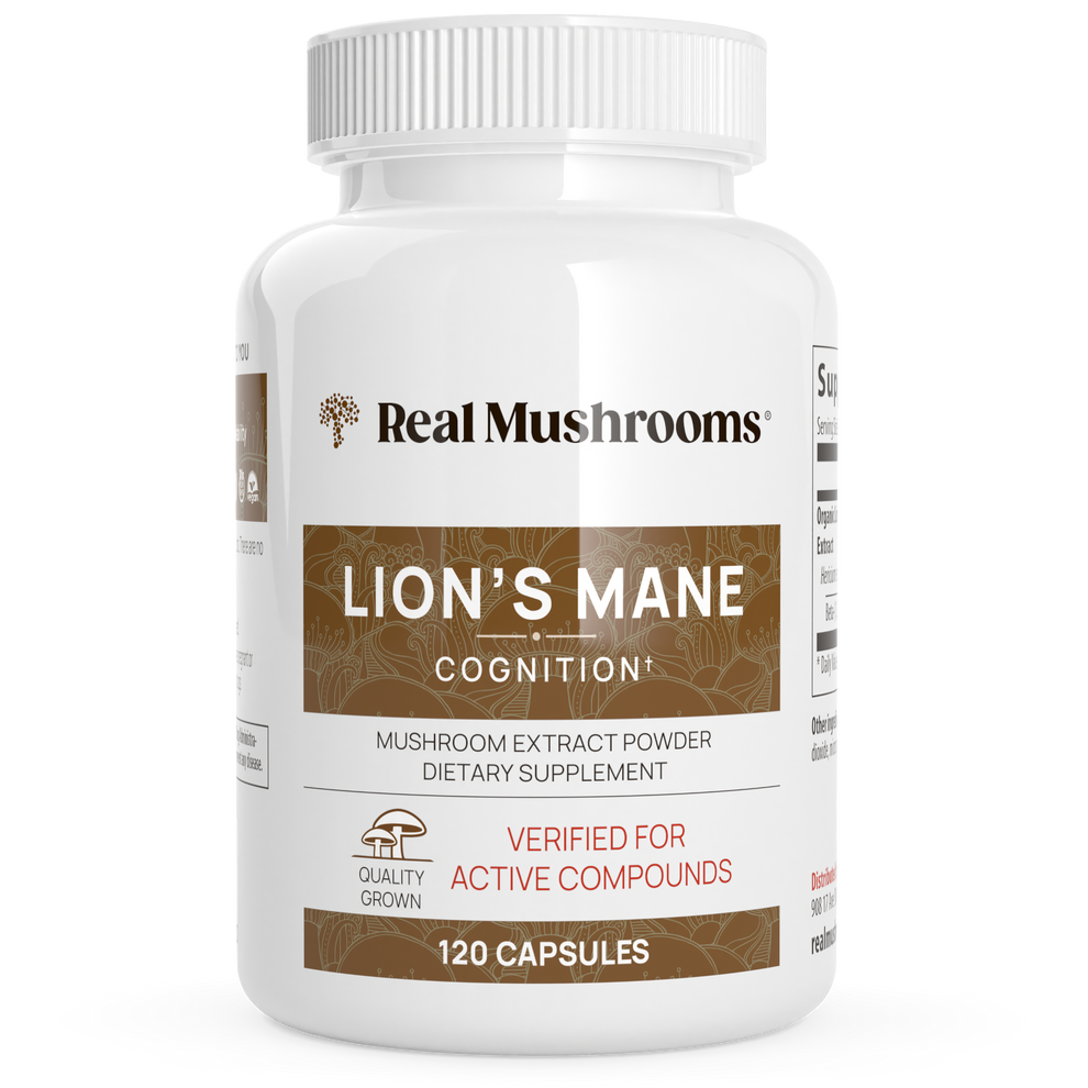 Real Mushrooms Lions Mane Extract Brain and Memory Support in a bottle of 120 capsules for cognitive health.