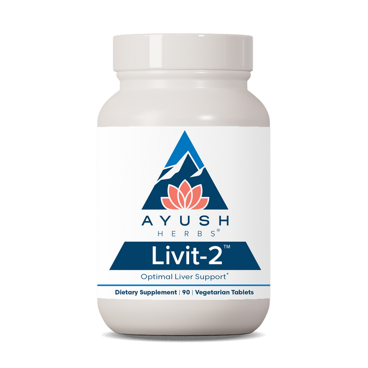 Ayush Herbs Livit-2 Natural Daily Liver Support 90 Veg Tabs bottle with optimal liver support label.