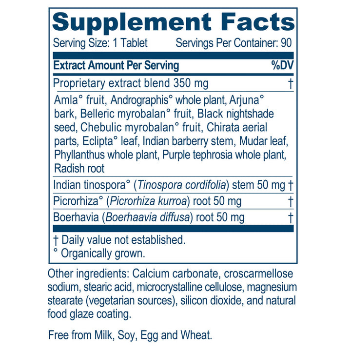Supplement facts for Ayush Herbs Livit-2 Natural Daily Liver Support showing ingredients and serving details.