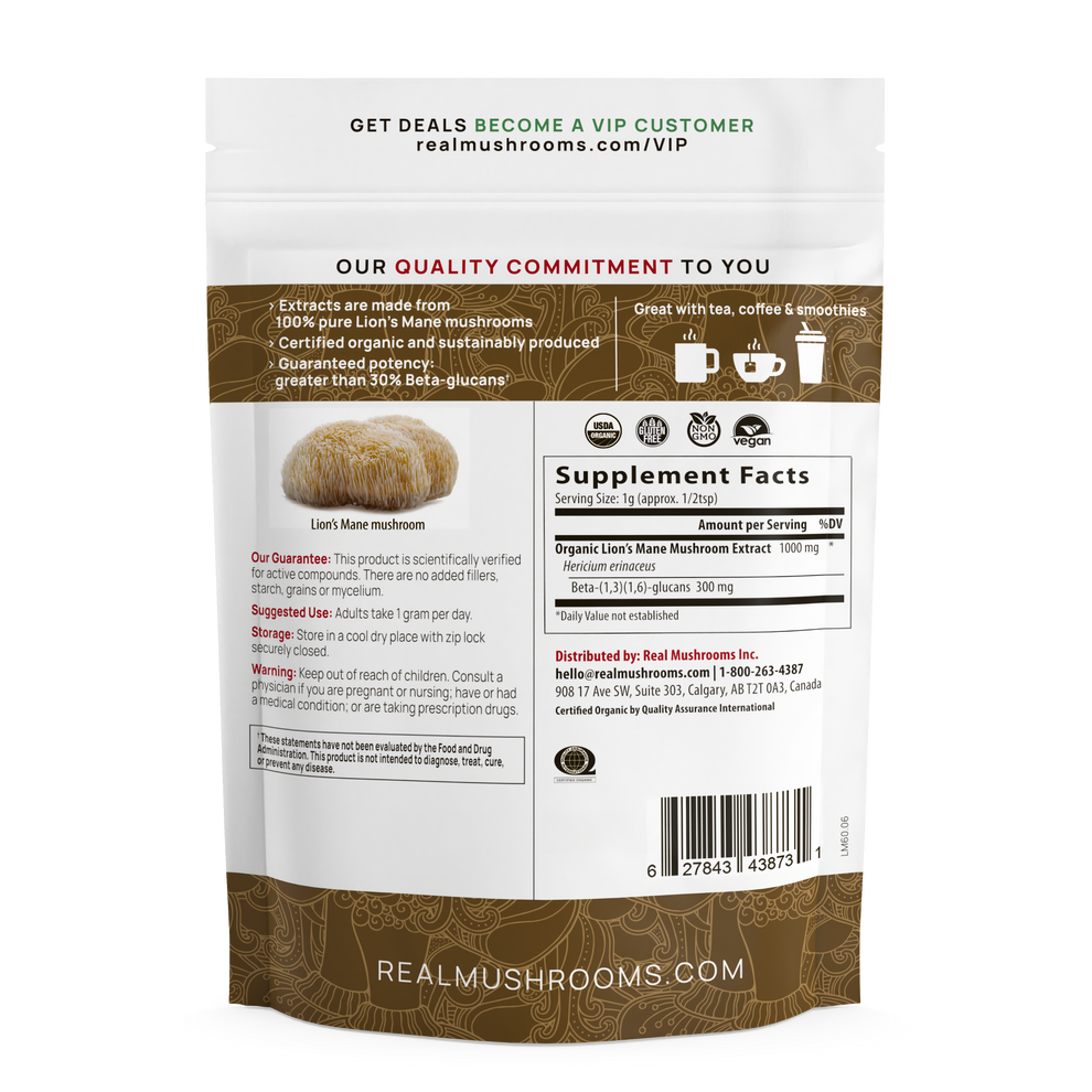 Real Mushrooms Lions Mane Mushroom Extract 60g supplement facts and packaging for brain health support.