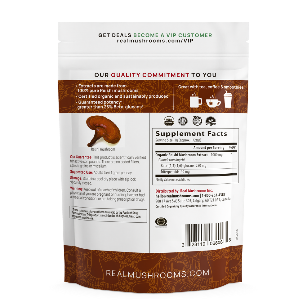 Real Mushrooms Reishi Mushroom Extract packaging back view with supplement facts and organic certification details.