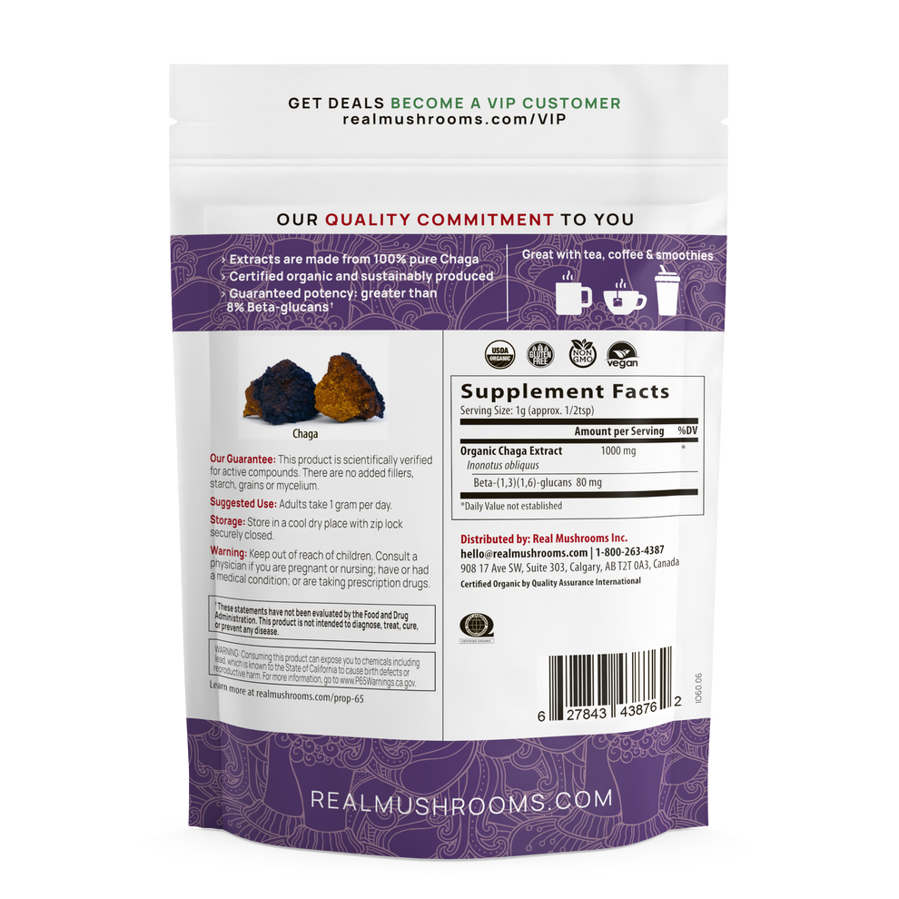 Back of Real Mushrooms Chaga Extract Powder bag showing supplement facts and quality commitment for immune support.