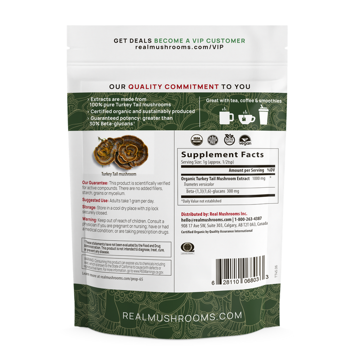 Back of Real Mushrooms Turkey Tail Extract Powder packaging showing supplement facts and quality commitment.