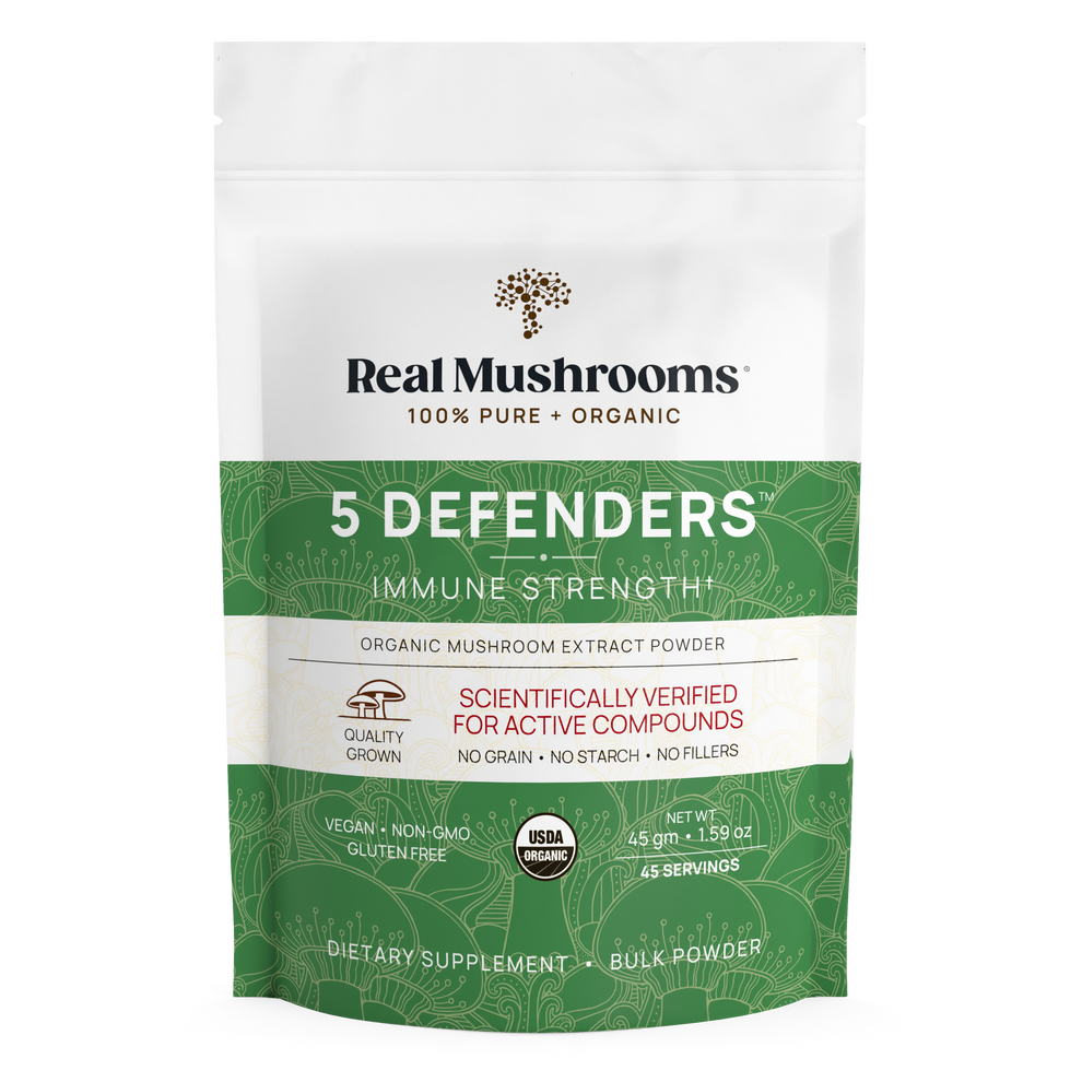 Real Mushrooms 5 Defenders Organic Mushroom Extract 45g Immune Support dietary supplement packaging