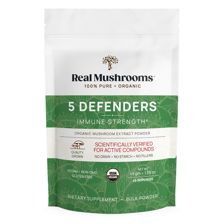 Real Mushrooms 5 Defenders Organic Mushroom Extract 45g Immune Support dietary supplement packaging