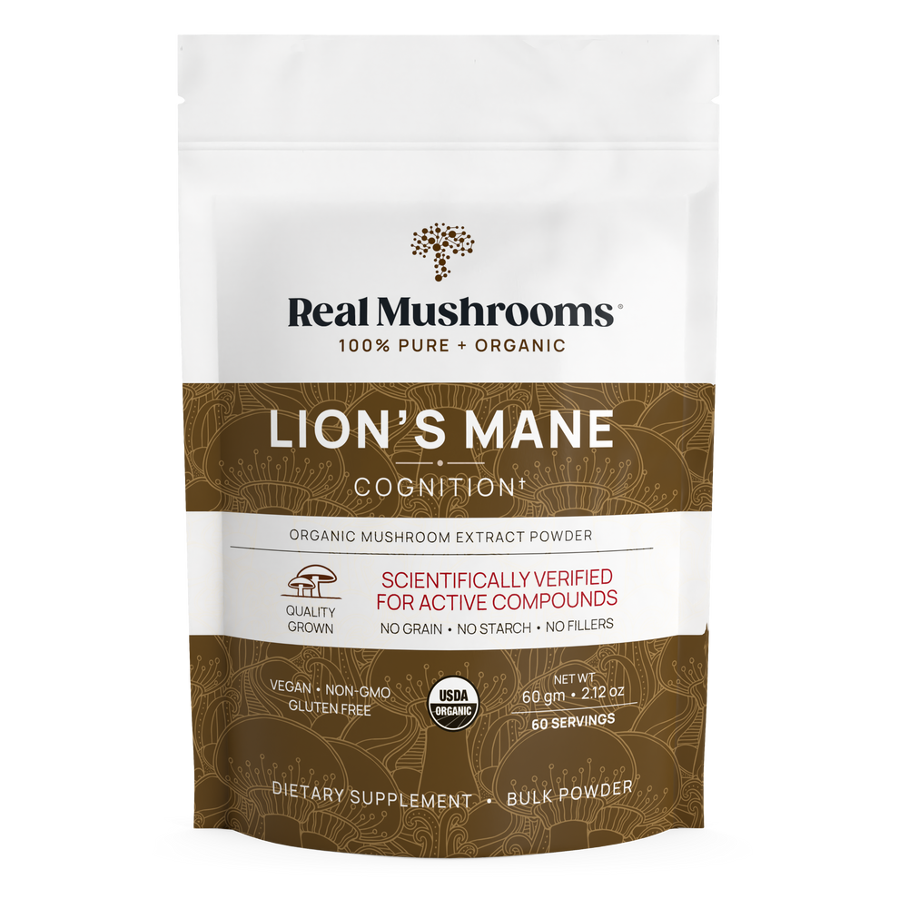 Real Mushrooms Lions Mane Mushroom Extract 60g packaging for brain health support and cognitive enhancement.