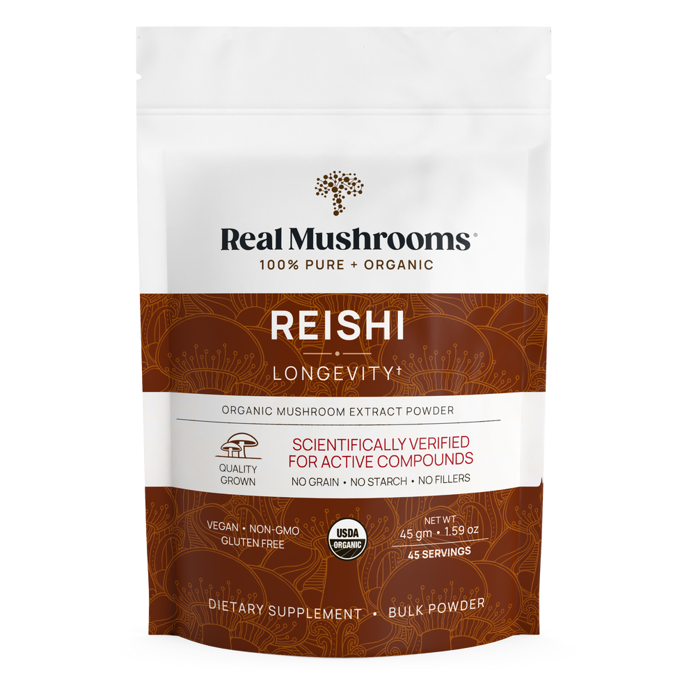 Real Mushrooms Reishi Mushroom Extract bulk powder package, 100% organic, 45 grams, dietary supplement.