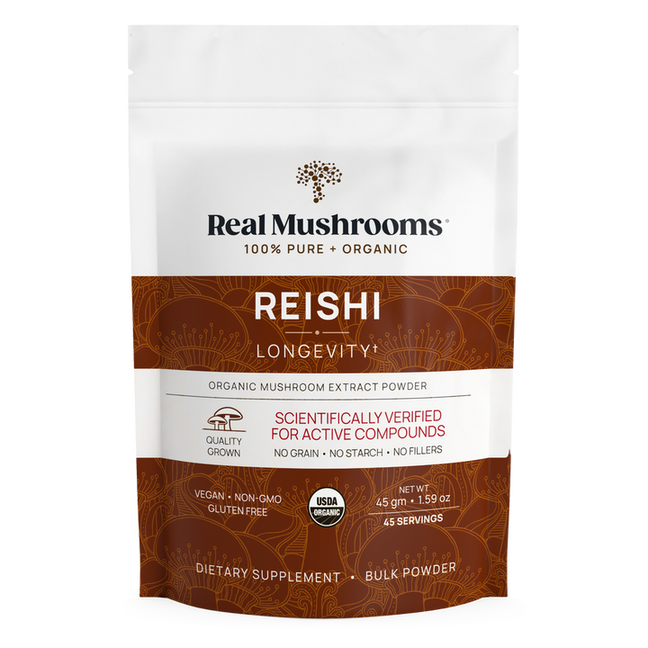 Real Mushrooms Reishi Mushroom Extract bulk powder package, 100% organic, 45 grams, dietary supplement.