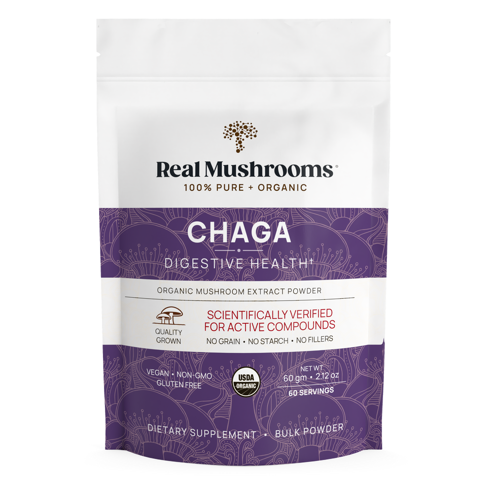 Real Mushrooms Chaga Extract powder pack, 60g, promoting immune support, gluten-free, USDA certified organic.