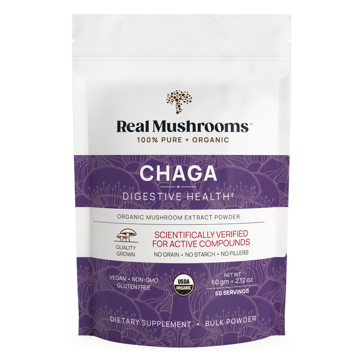Real Mushrooms Chaga Extract powder pack, 60g, promoting immune support, gluten-free, USDA certified organic.