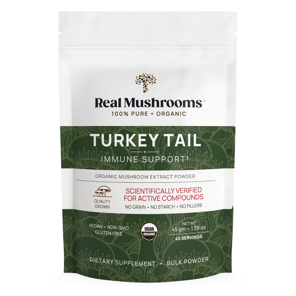 Real Mushrooms Turkey Tail Extract Powder 45g for immune support and quality assurance.