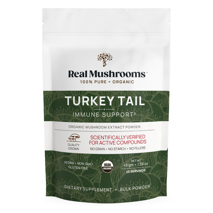 Real Mushrooms Turkey Tail Extract Powder 45g for immune support and quality assurance.
