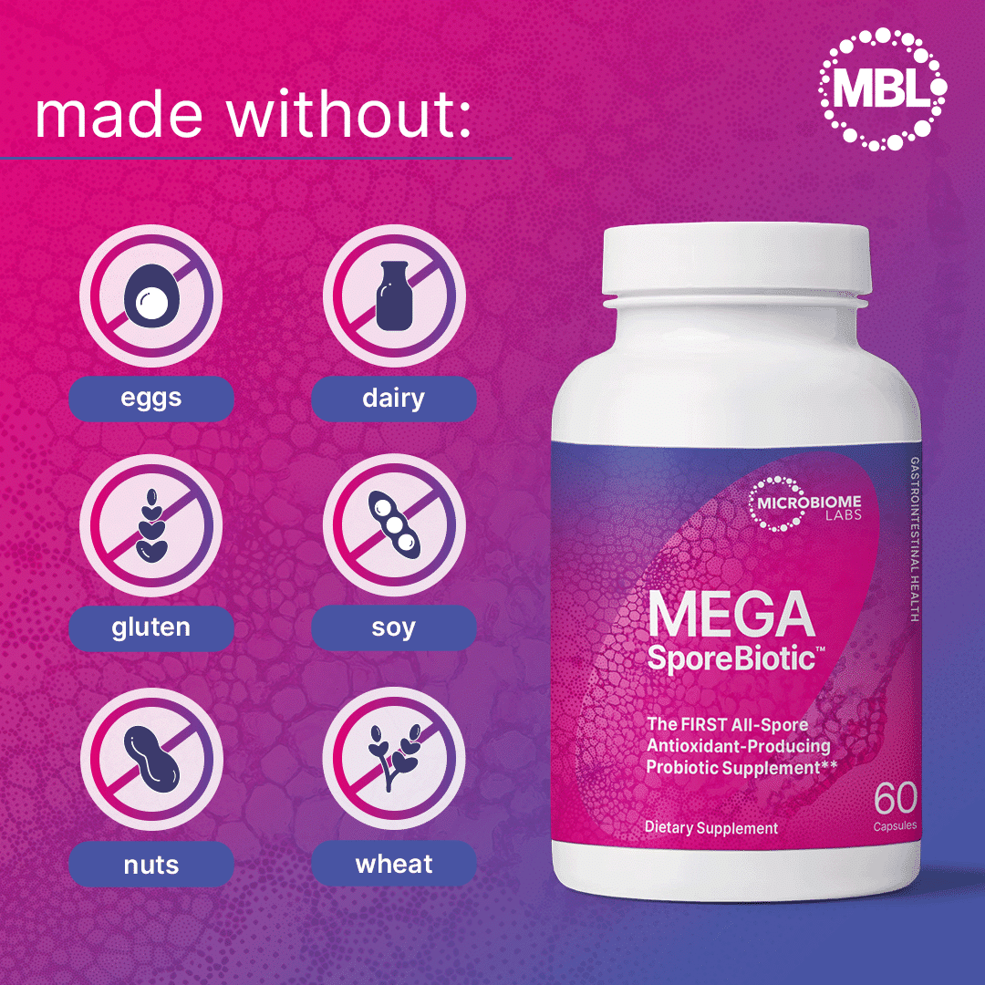 Microbiome Labs MegaSporeBiotic Probiotic 60 Count bottle showing allergens made without: eggs, dairy, gluten, soy, nuts, wheat.