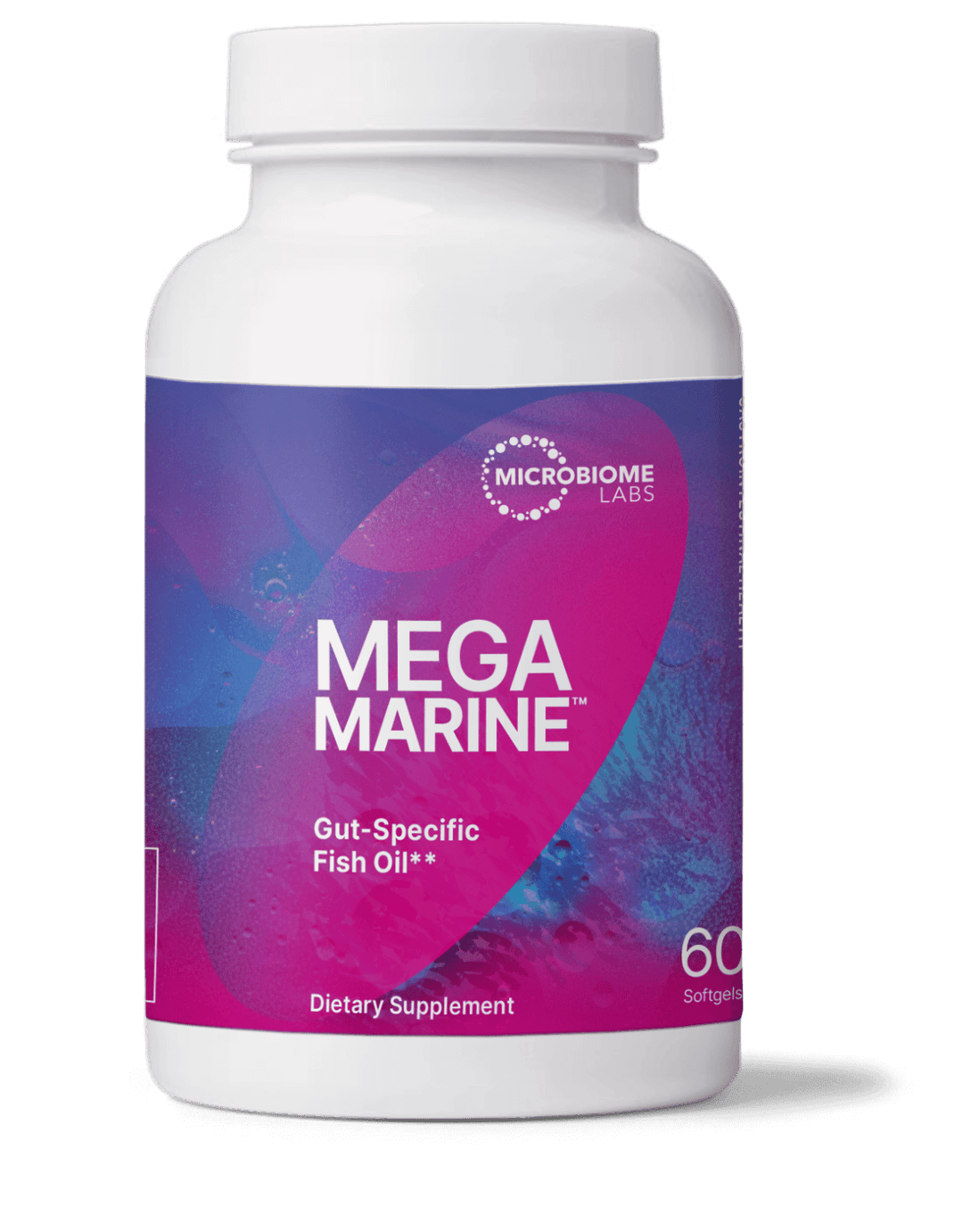 Microbiome Labs MegaMarine gut-specific fish oil bottle with 60 softgels for dietary supplement.