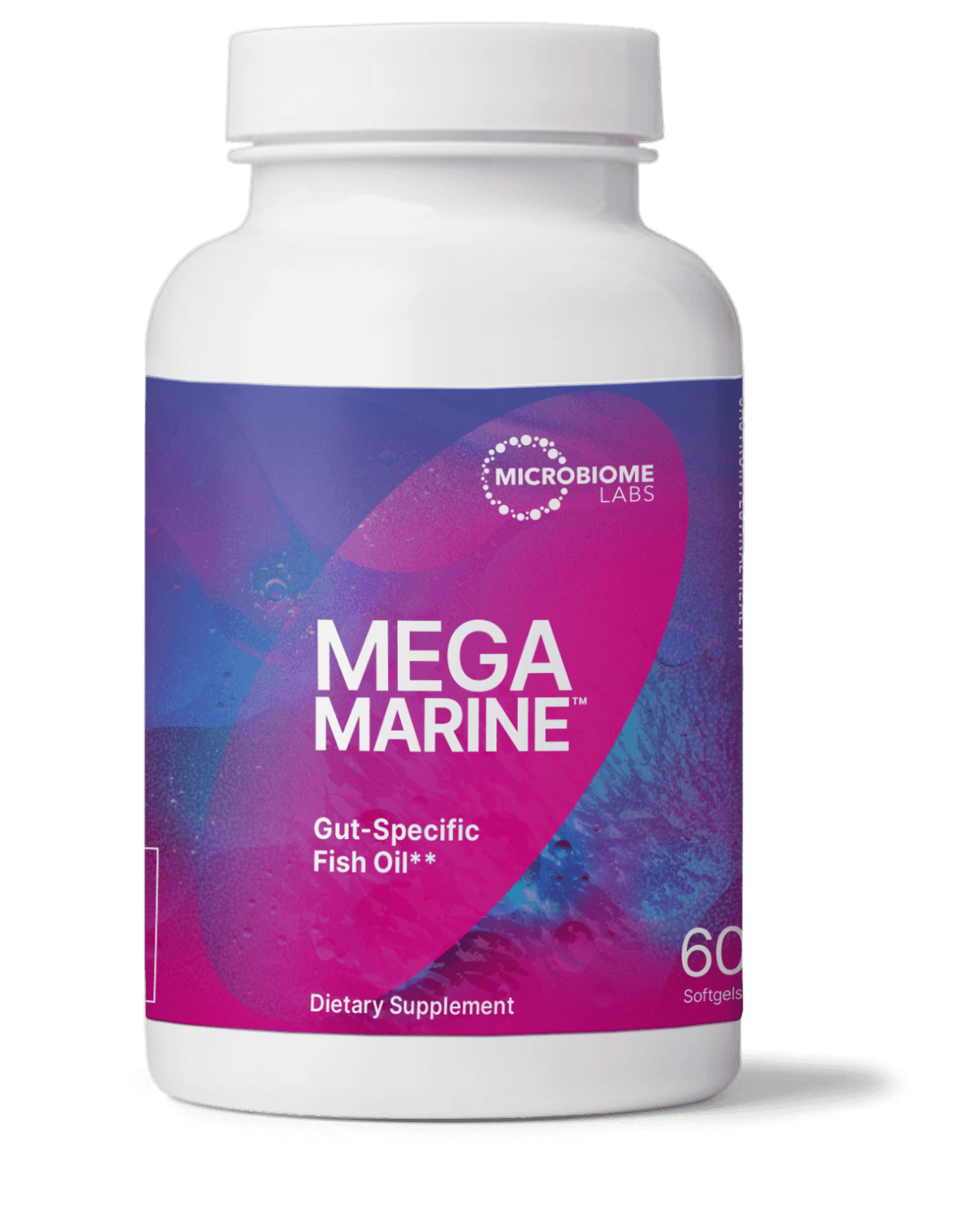 Microbiome Labs MegaMarine gut-specific fish oil bottle with 60 softgels for dietary supplement.