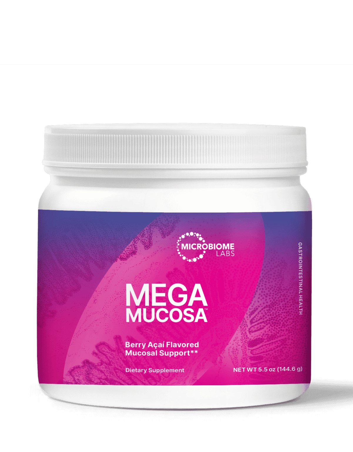 Microbiome Labs MegaMucosa Powder 5.5 oz Berry Acai Flavored dietary supplement for mucosal support.