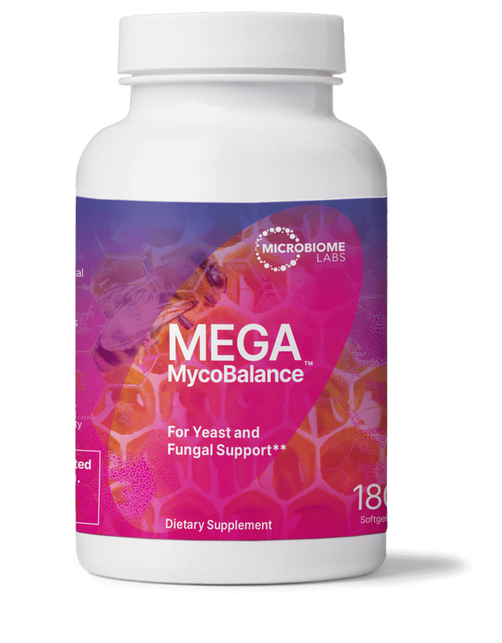 Microbiome Labs MegaMycoBalance 180 Caps for yeast and fungal support supplement bottle.