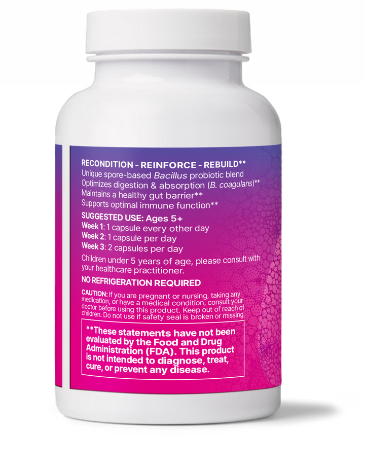 Microbiome Labs MegaSporeBiotic Probiotics Digestive Health supplement bottle with dosage instructions.