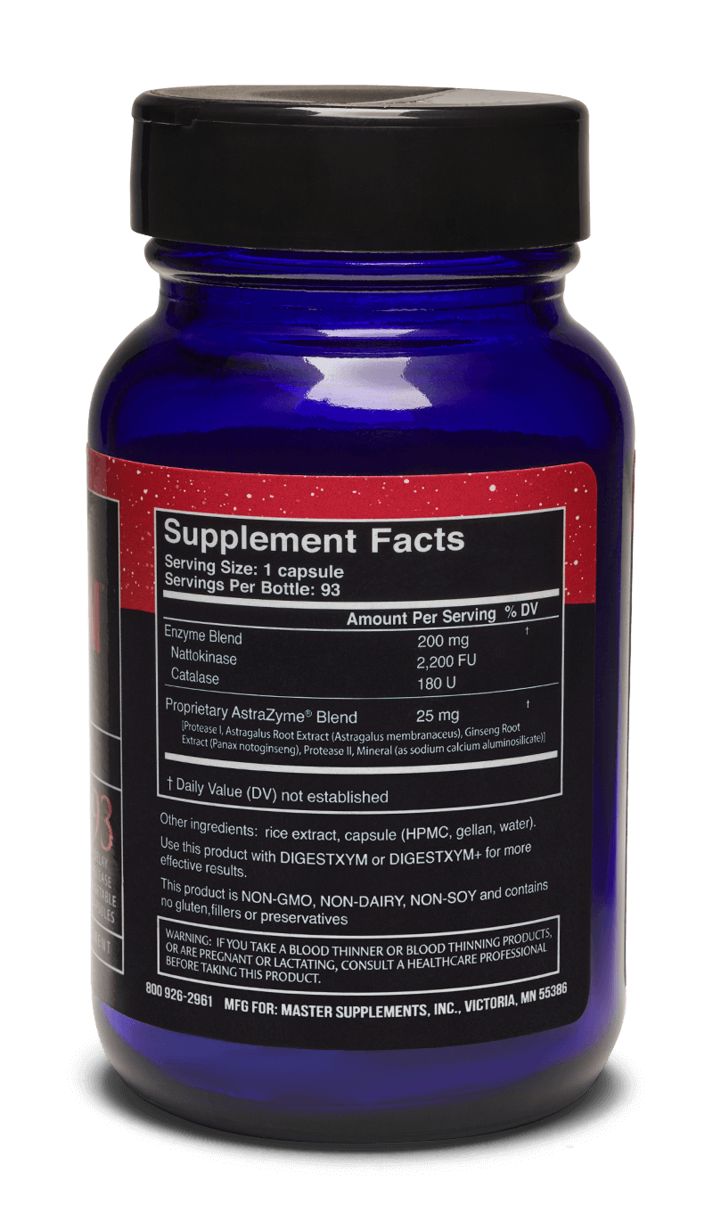 Master Supplements US Enzymes NATTOXYM 93 Capsules Supplement Facts label with enzyme blend information.