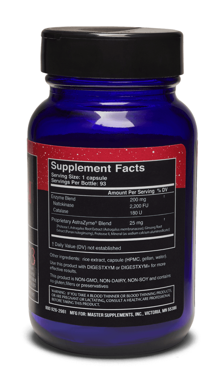 Master Supplements US Enzymes NATTOXYM 93 Capsules Supplement Facts label with enzyme blend information.