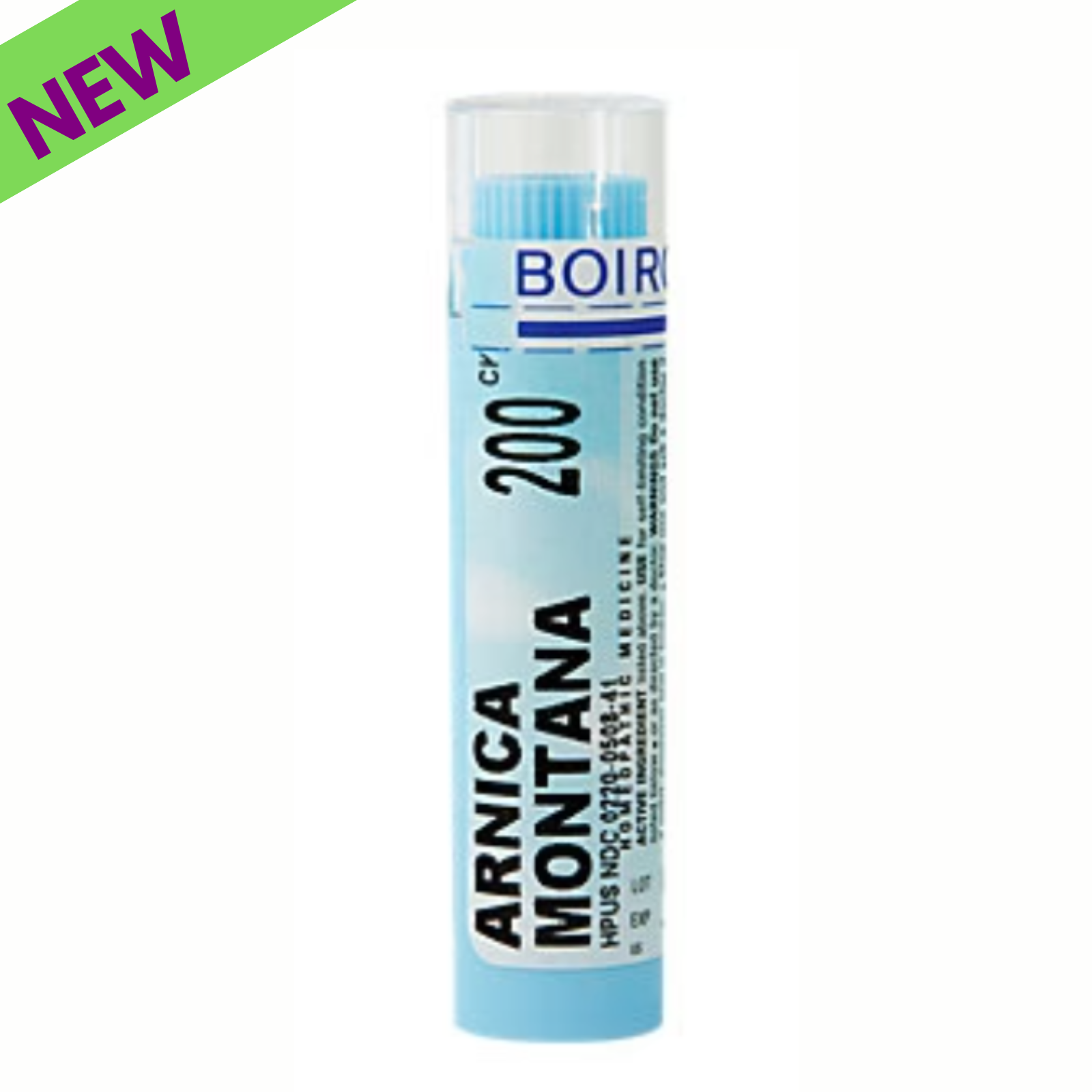 Boiron Laboratories Arnica Montana 200C 80 pellets for muscle ache support, homeopathic remedy in a tube.