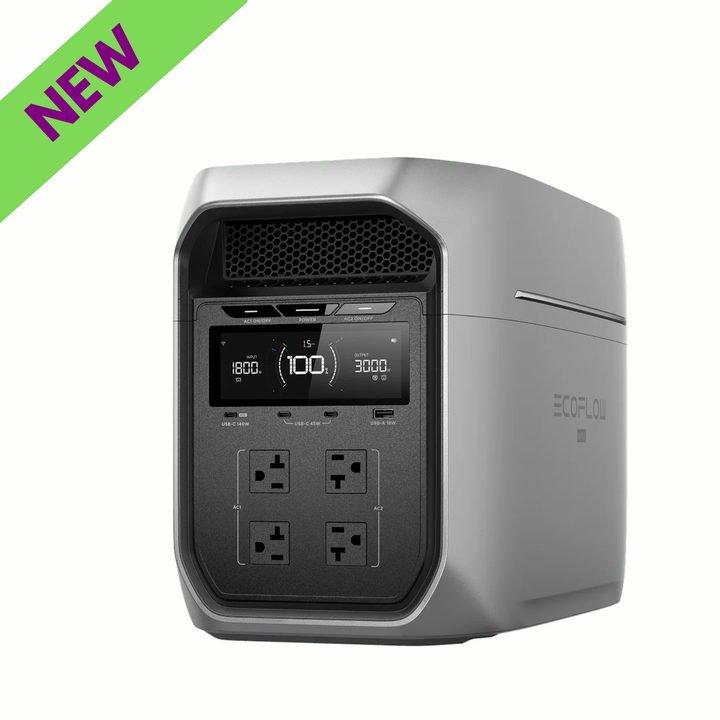 EcoFlow DELTA 3 Max Plus Portable Power Station with display and multiple outlets, labeled as NEW