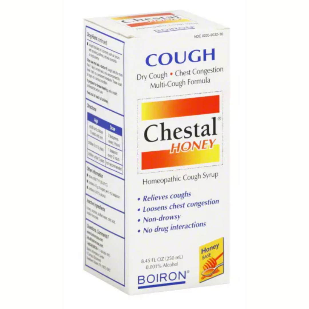 Boiron Laboratories Chestal Homeopathic Cough Syrup 8.45 Oz packaging displaying key features and benefits.
