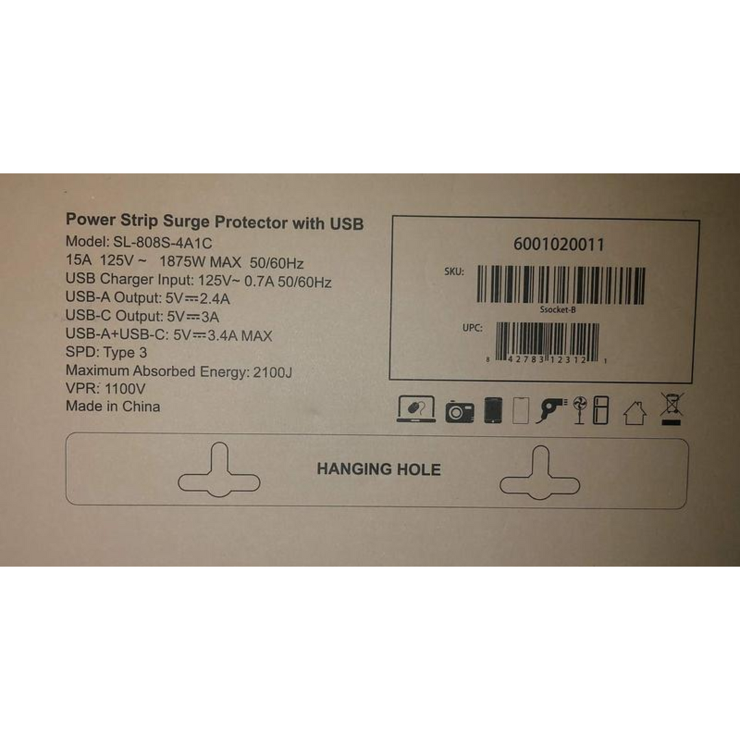 Detailed specifications of EcoFlow Surge Protector USB for Power Stations 8 AC Outlets 4 USB-A 1 USB-C Port.