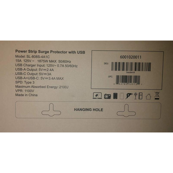 Detailed specifications of EcoFlow Surge Protector USB for Power Stations 8 AC Outlets 4 USB-A 1 USB-C Port.